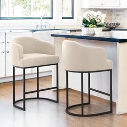 0961-LUE BONA 27" H Counter Height Bar Stools Set of 2, Modern Counter Stools with Curved Backrest and Arms, Black Metal Frames, Linen Fabric Upholste