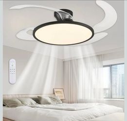 48 Inch Retractable Ceiling Fan,Low Profile Ceiling Fan with Light and Remote,Modern Black Fan with Retractable Blades for Dinning Room Living Room Be