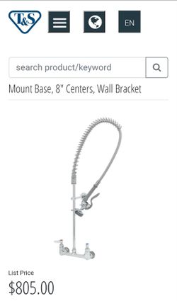 Pre rinse, spring, wall mount base, 8" center, wall bracket faucet. 1.15 gpm spray valve.
