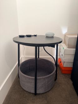 Round Side Table with Storage Basket and Built In Outlet