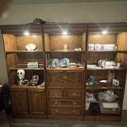 Set Of Three Oak Wall Unit With Desk