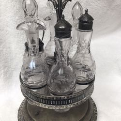 Antique 1800's Silver Plate Cruet Condiment Set Etched Bottles