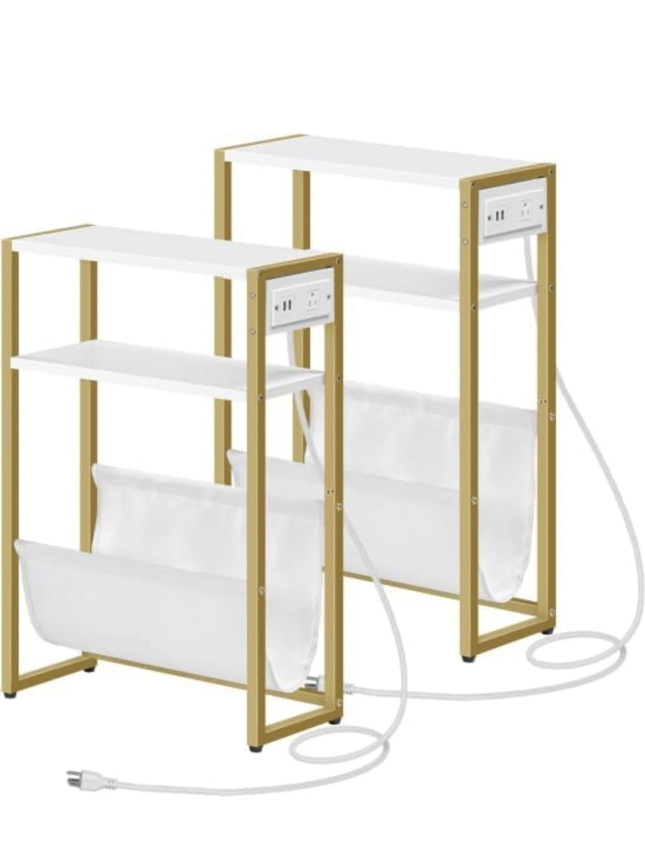 Narrow Side Tables Set of 2, End Table with Charging Station, 3-Tier Nightstand, Bedside Table