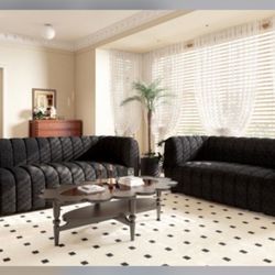 Brand New Black Boucle Channeled Sofa Loveseat 