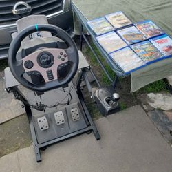 8 Brand New Racing Games. At $25! Per Game. I Have $280! Firm Racing Wheel 6 speed 3 pedels. Plus Has Chair Stand Built. All for $420! Works on PS5 PS