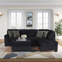 Brand New DARK GRAY OR BLACK Fabric RHF Stationary Sectional Sofa & Ottoman w/ Throw Pillows (116.50 x 89.50 x 41.00 in. H)