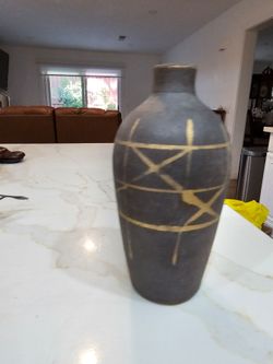 Italian Pottery Vase Brown Gold Geometric Hand Painted Marked Italy