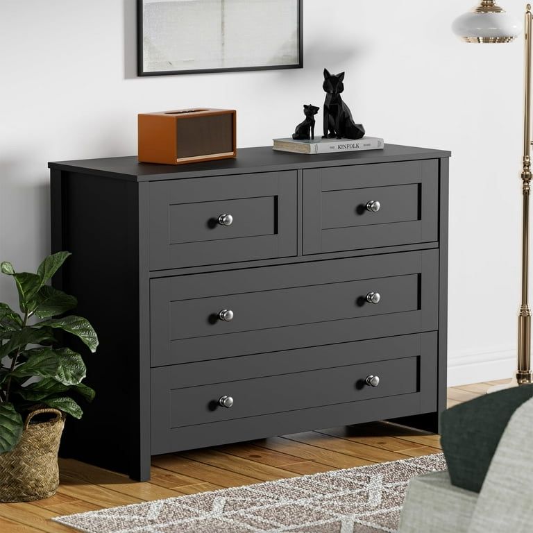 4 Drawer Dresser, Modern Chest of Drawers, with Wood Storage Organizer Dressers for Bedroom, Hallway, Children's Room, and Living Room, Black