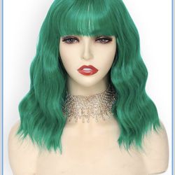 Pastel Green Wavy Bob Wig for Women, Short Shoulder Length Synthetic Wig with Bangs, Natural Looking Lightweight Hairpiece for Daily Wear & Cosplay Co