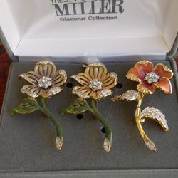 Vintage Nolan Miller Glamor Collection Country Garden 3 Pin Brooch Set Enamel Rhinestone Flowers 