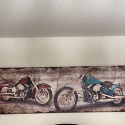 Vintage Motorcycle Wall Art – Rustic Biker Decor with Red & Blue Motorcycles – Horizontal Canvas Print for Man Cave, Garage, or Living Room