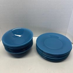Set Of 22 Ps, Arc France Arcopal Blue & Turquoise Glass Plate And Soup Bowl