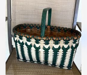 White and Green Woven Basket with Handle