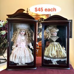 Vintage Little Ladies Limited Edition Collectible Series Porcelain doll in a Curio with glass front.