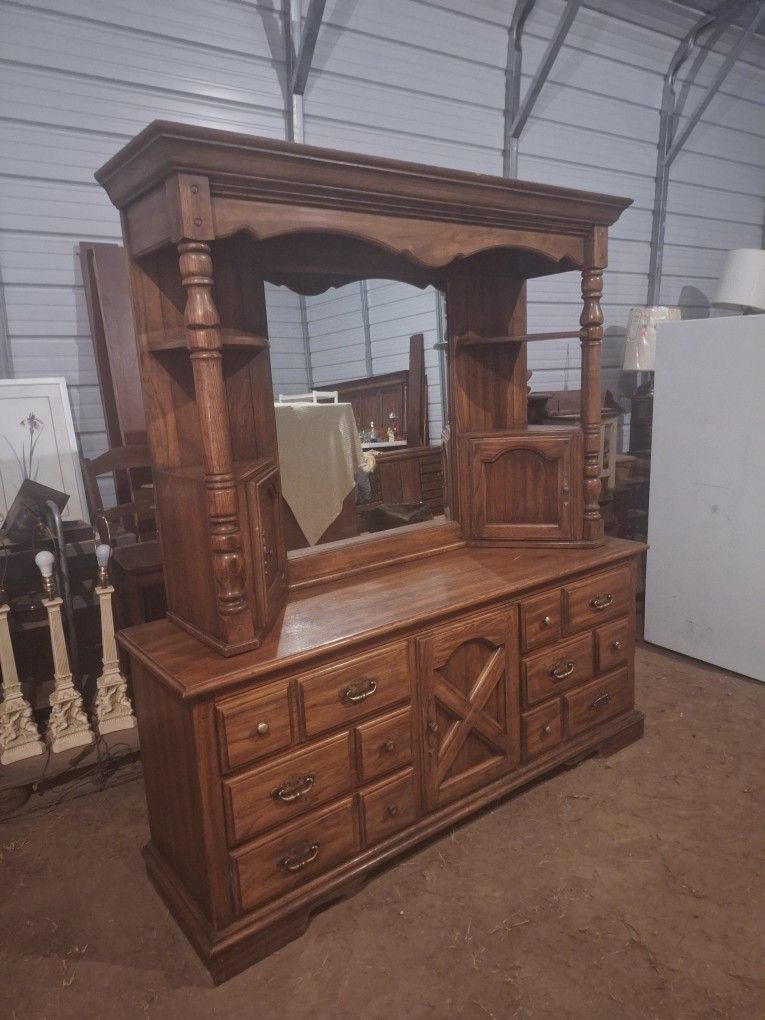 Oak Dresser With Mirrored Hutch
