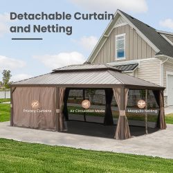 14' X 22' Hardtop Gazebo, Upgraded Metal Gazebo with Drainage System, Dual-Layer Galvanized Steel Roof, Curtain and Netting, Outdoor Shelter Canopy fo