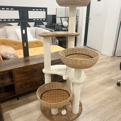 53.4”Modern Cat Tree Tower for Indoor Cats, Boho Cat Tree with Natural Sisal Scratching Posts, Unique Handwoven Wicker Cat Basket Bed, Cute Cat Tree f
