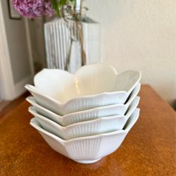 Four white 6” lotus bowls