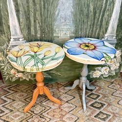 Pair Of Hand Painted Flower End Tables