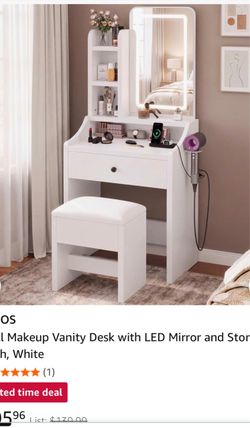 White Makeup Vanity Desk with LED Mirror and Stool