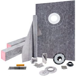 356*Shower Curb Kit 38\" x 60\" Watertight Shower Curb Overlay with 4\" PVC Offset Bonding Flange, 4\" Stainless Steel Grate, 2 Cuttable Shower Curb a