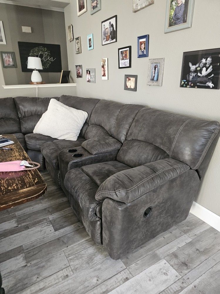 Microfiber sectional sofa with reclining chairs