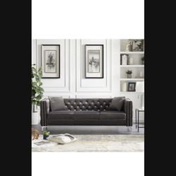 Couch,Sofa,82.3" Velvet Upholstered 3-Seater Sofa, Contemporary Style,Cushions Removable,Comes with 2 Square Throws,Living Room (Grey)