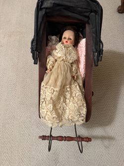 Antique Doll with Vintage Wicker Stroller Carriage