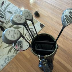 Hawk Golf Bag And Several Drivers In Good Condition