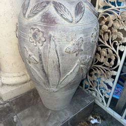 Vintage Art Pottery Vase 28 H Carved Flowers And Butterfly  Design