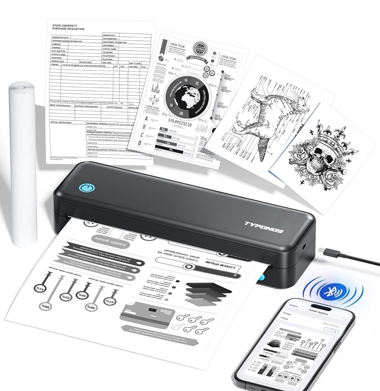 BRAND NEW Portable Bluetooth Wireless Thermal Inkless Printer Support Sizes from 8.5" x 11" to 2" Width for Travel & Home
