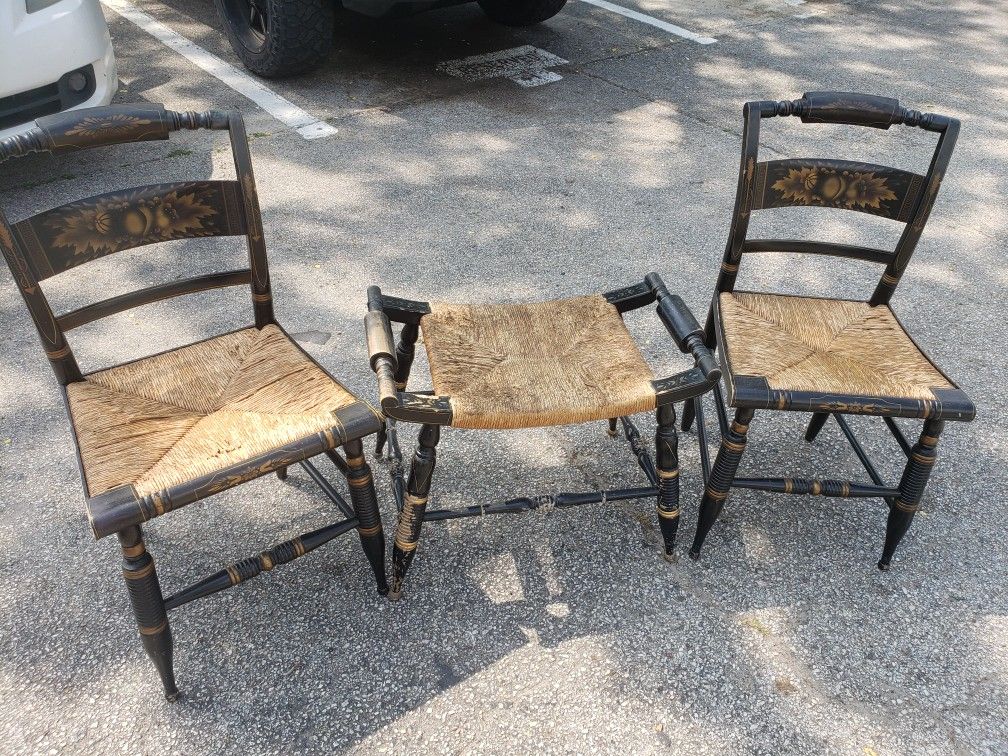 Set of 2 Antique Hitchcock Chairs plus Ottoman Seat