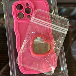 iphone 14 pro max soft pink wavy phone case with mirrored heart pop socket brand new 