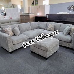 ✅️✅️ 4pc for grey corduroy fabric upholstered sectional sofa with ottoman ✅️✅️