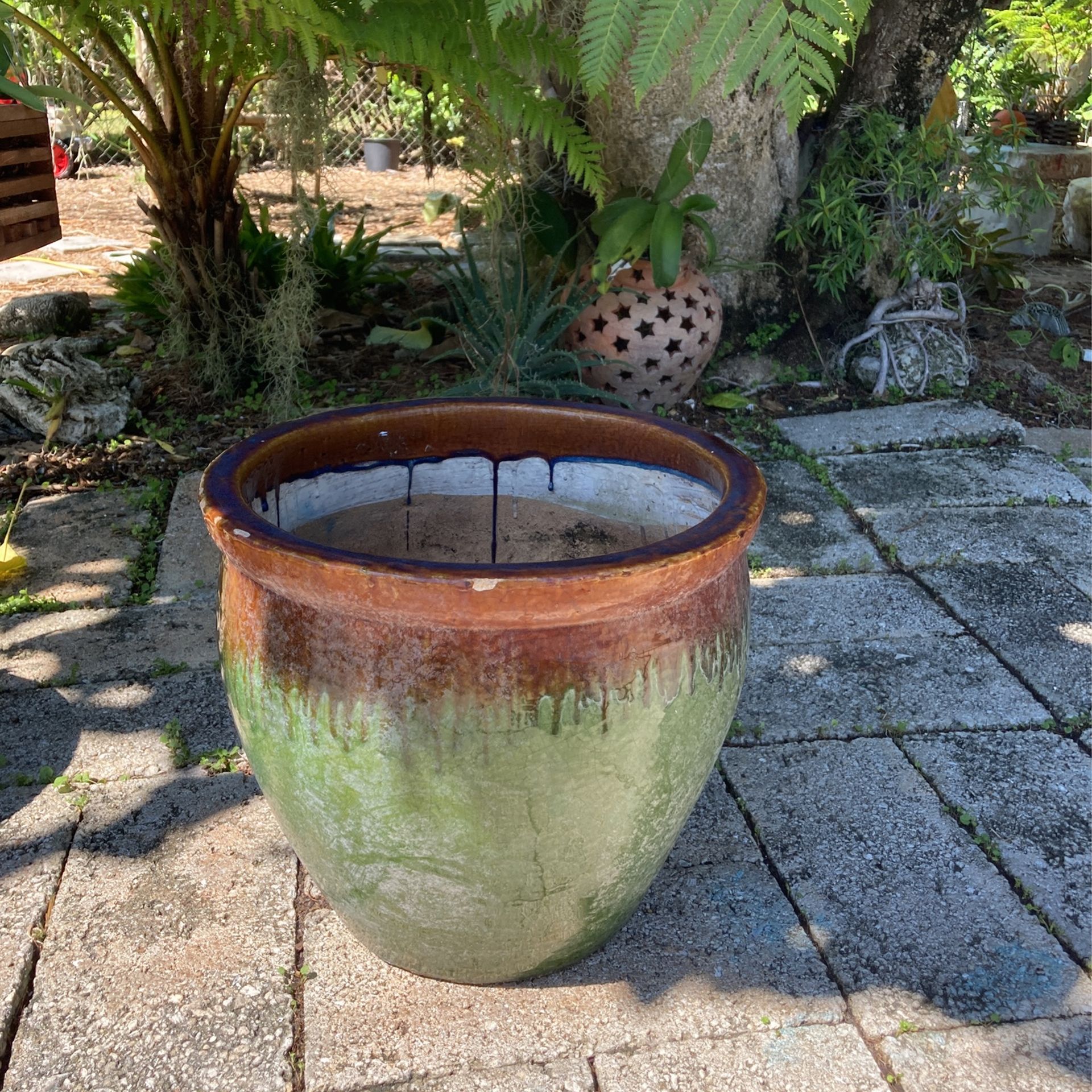 Large Green and Brown Used Ceramic Pot