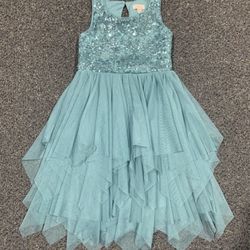 Beautiful Zenzi girls size 4/5 teal sequined metallic corded embroidered bodice and layered hanky hem tulle fairy hem dress