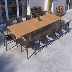 BRAND NEW 118 Inch Rectangular Patio 13 Piece 100% FSC Solid Wood Patio Dining Teak Finish Table With Brown Chairs | Ideal Furniture Set For Outdoor
