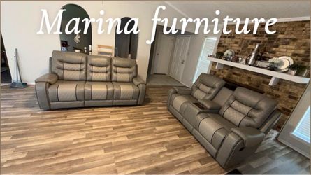 Gray Leather Reclining Sofa and Loveseat Set