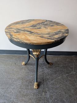 Decorative Round Bakers Furniture Accent Table with Faux Marble Top and Gilt Paw Feet