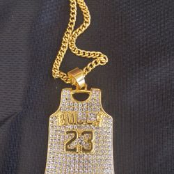 14k gold overlay chain with Chicago Bulls sapphire Pendant. The Pendant alone is amazing with the gold and sapphires., it is 3 dimensional. I honestly