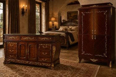 2-Piece Gorgeous Ornate Mahogany Bedroom Set – Marble-Top Dresser & Large TV Armoire