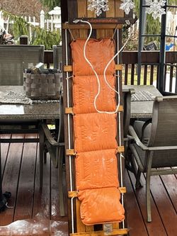 Beautiful Vintage Adirondack 6-Ft Wooden Toboggan Sled with Original Orange Padding, Two-Tone Wood & Attached Rope for Rustic Room Decoration\\**RARE*