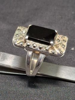 Sterling Silver  Blk Onyx & Marcasite Ring Sz 8 Gram Wt.6.3