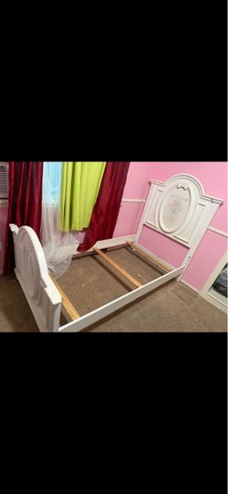 White Wood Bed Frame with Floral Headboard