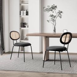 Mid Century Modern Rattan Backrest Dining Chair Set of 2，Black Leather Upholstered Kitchen Side Chairs with Metal Legs for Dining Living Room