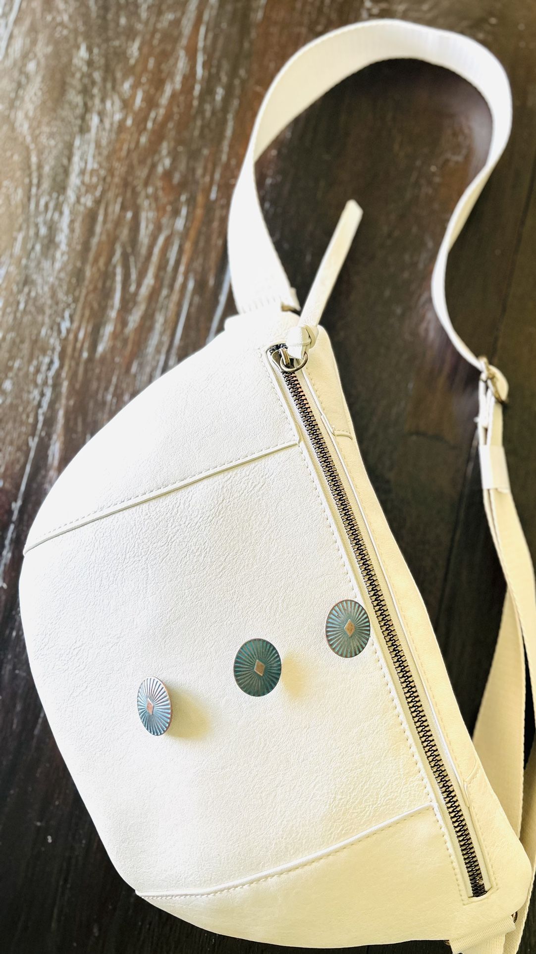 New White Sling Bag Concho Western Adjustable Faux Leather Fanny Pack Crossbody