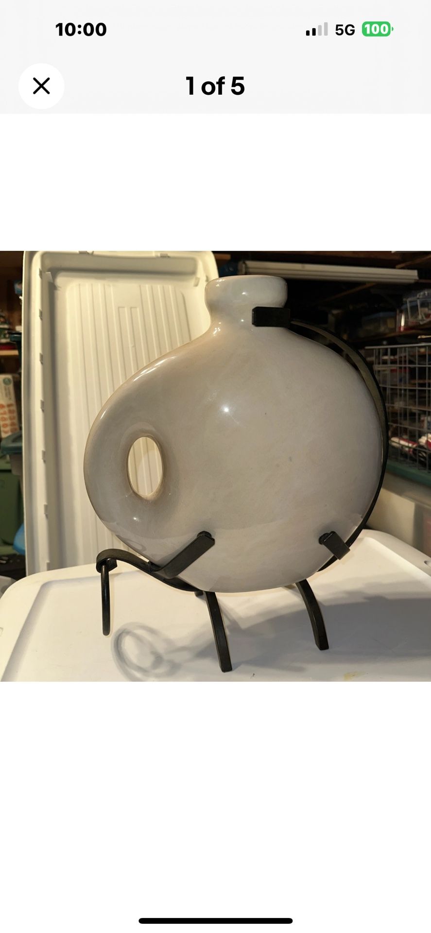 Vintage and Rare Late 20th Century Ceramic Vase with Cast Iron Metal Stand