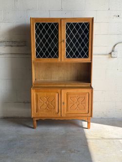 Vintage Danish Oak Hutch Cabinet by Henning Kjærnulf with Leaded Glass Doors