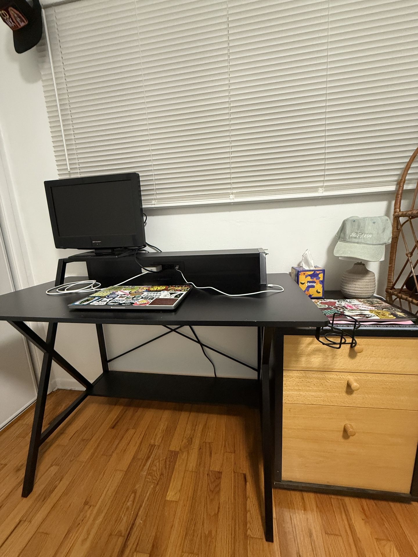 black desk with outlets tier and bottom shelf shelves and side table cabinet