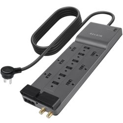 12 AC Multiple Outlets & 8 ft Long Flat Plug Heavy Duty Extension Cord for Home, Office, Travel, Computer Desktop, Laptop & Phone Charging Brick